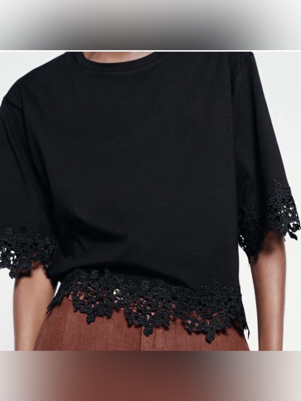Zara Black Lace Trim Blouse Sz XL Cotton Short Sleeve Boxy Witchy NWT Minimalist
